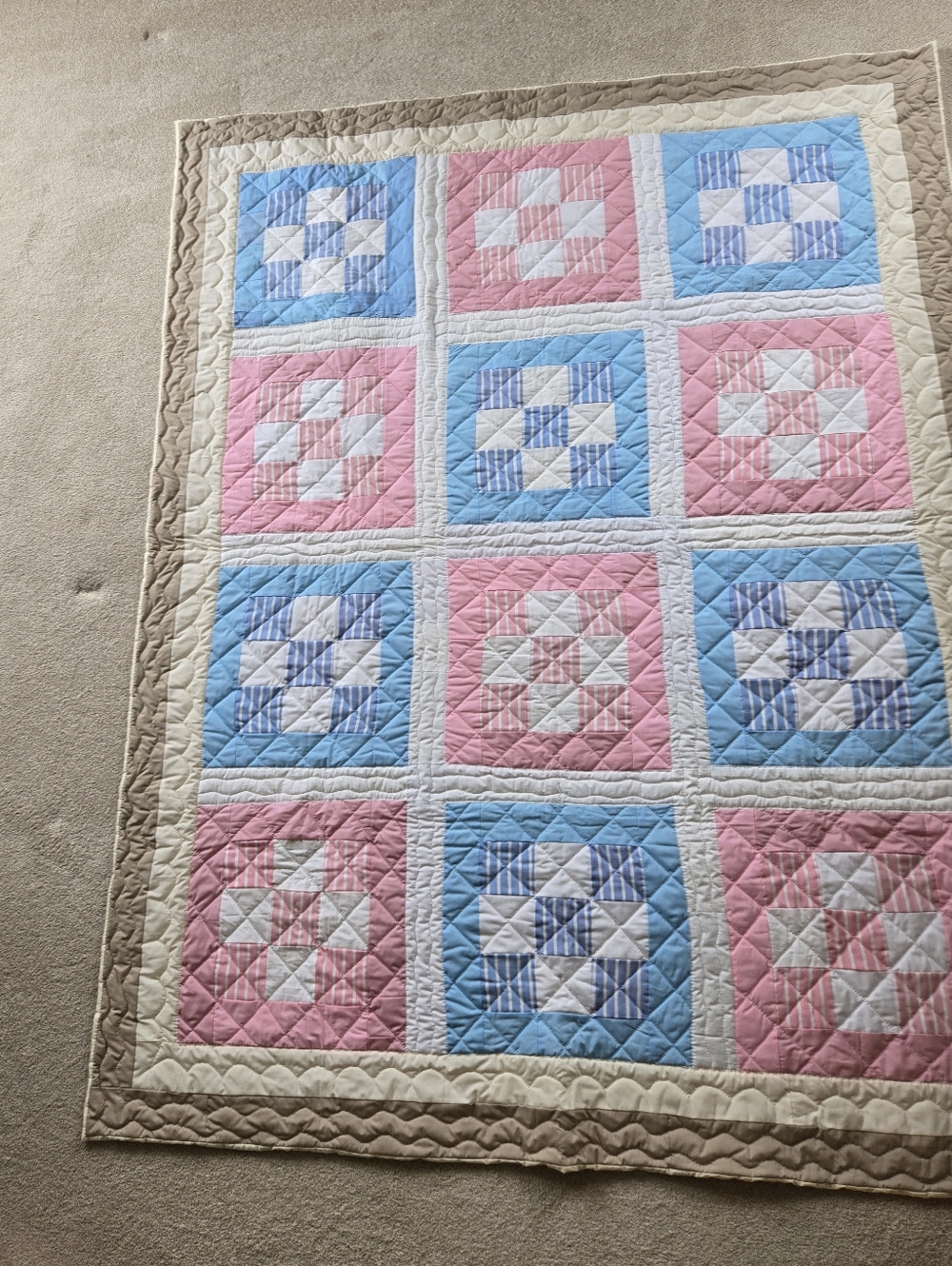 Handmade Pink & Blue Patchwork Quilt - 64" X 81.5"